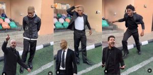 Nigerian Skitmaker Dikeh goes global as he imitates football managers celebration on the touchline (Video)