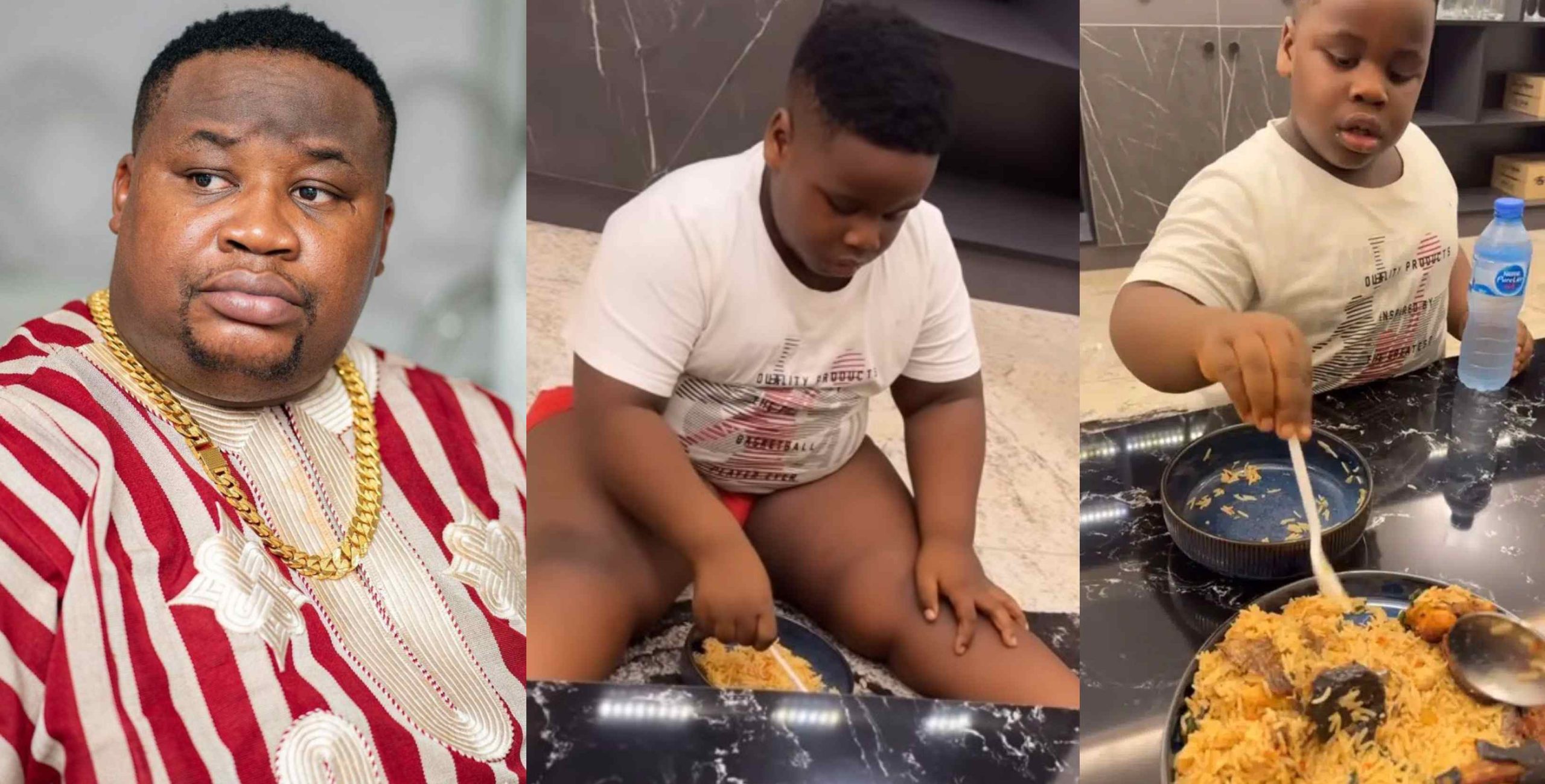 Cubana Chief Priest gets dragged online over video of his plus size son, still finishing big bowl of rice
