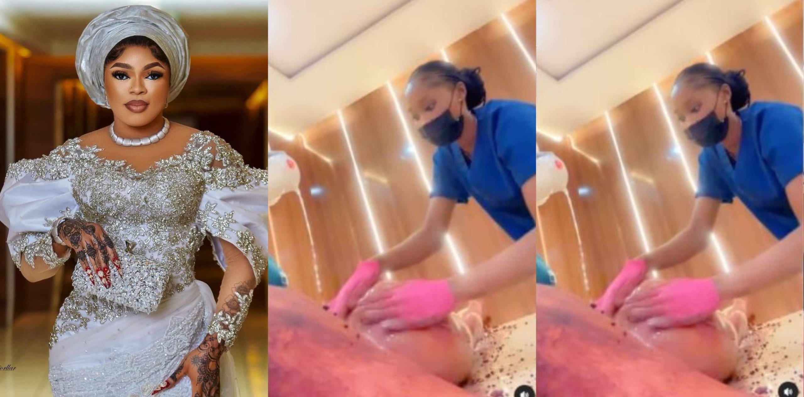 Mixed reactions as Bobrisky shares video of him washing her enhanced backside at a spa