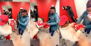 Moment Footballer Saka links up with Wizkid after Arsenal victory over Liverpool
