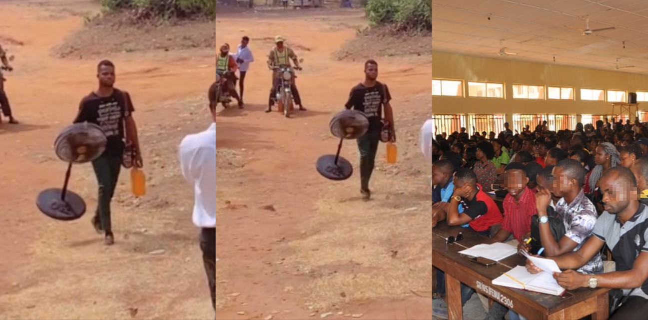 Moment Nigerian student storms class with big standing fan