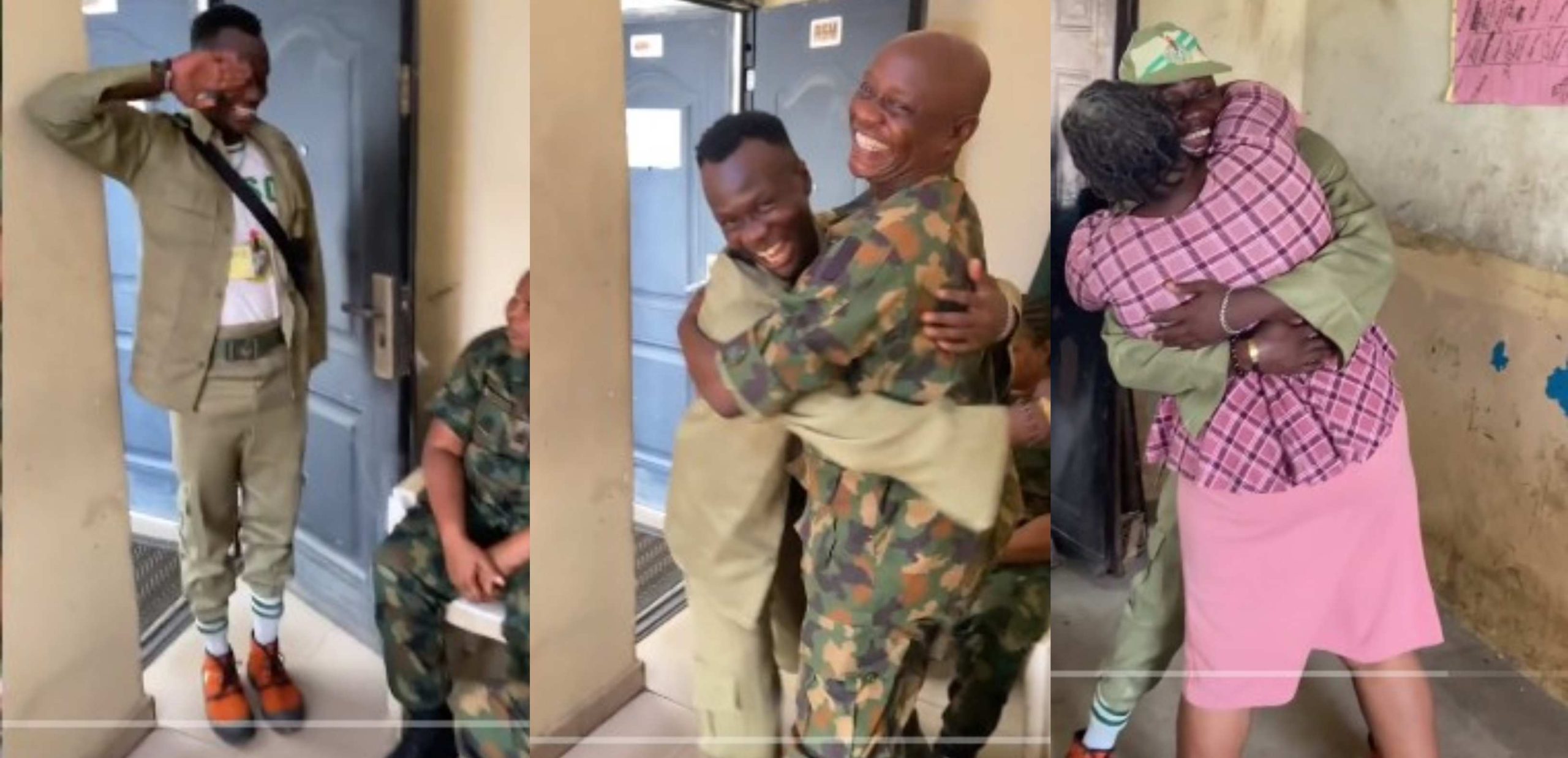 Heartwarming moment corper visits parents at workplace with his NYSC uniform