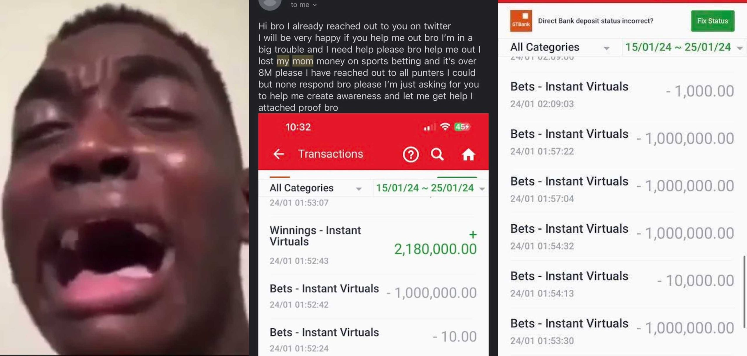 Nigerian man in tears after using his mother’s N8 million savings to play Sporty bet and loses all ticket