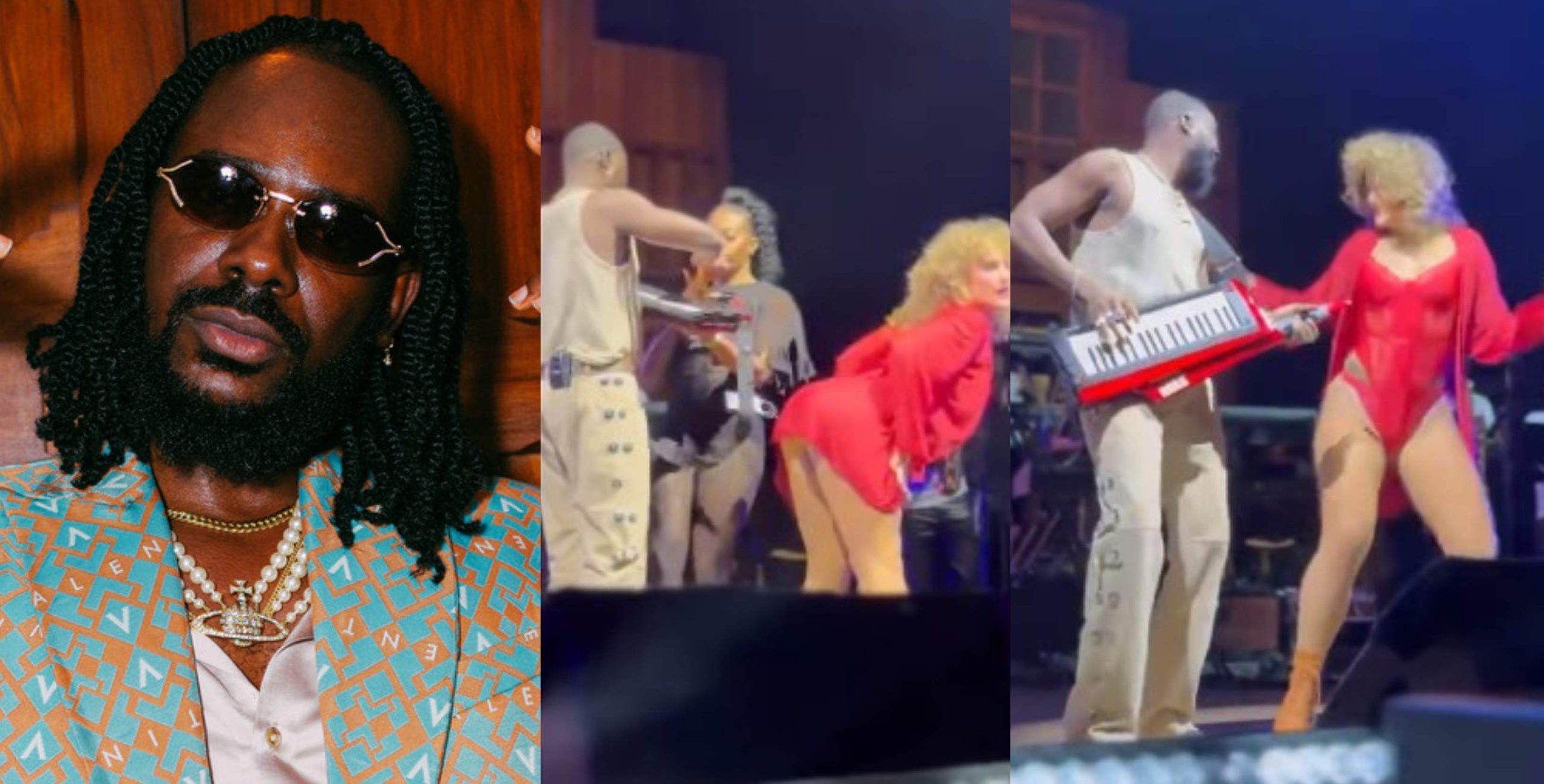 Reactions as dancer tries to rock singer Adekunle Gold while performing on stage at OVO arena in London