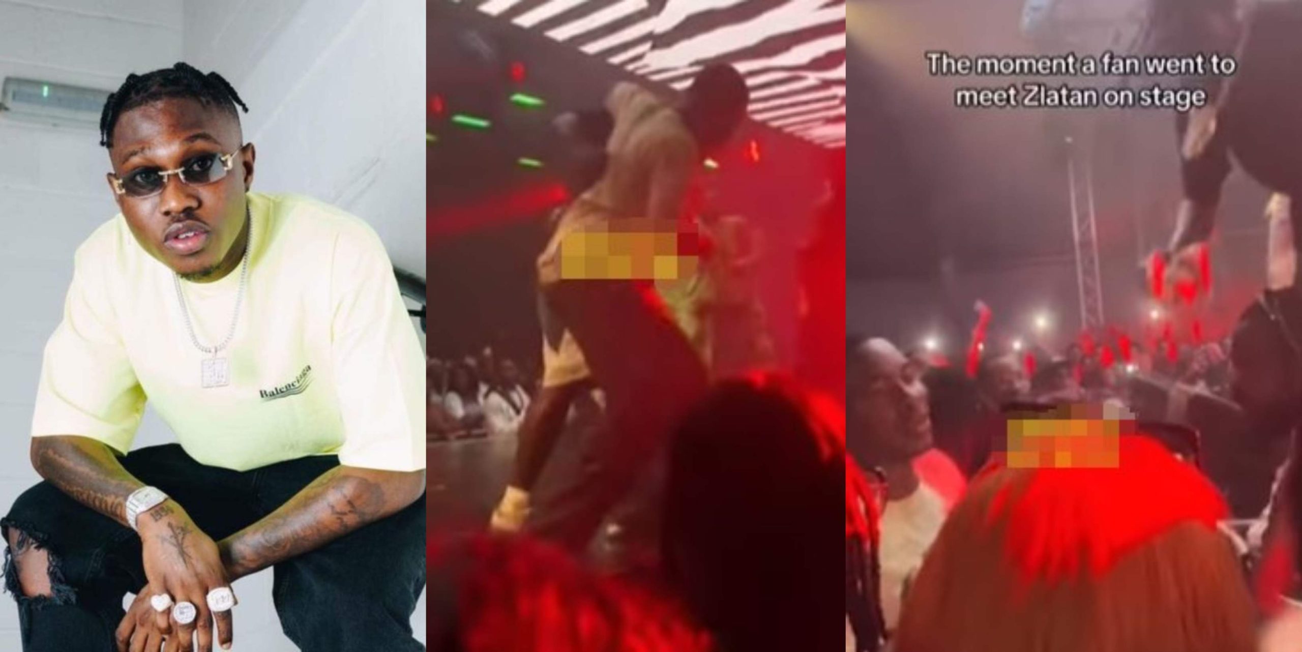 Angry Zlatan Ibile pushes overzealous fan off stage, collects his cap