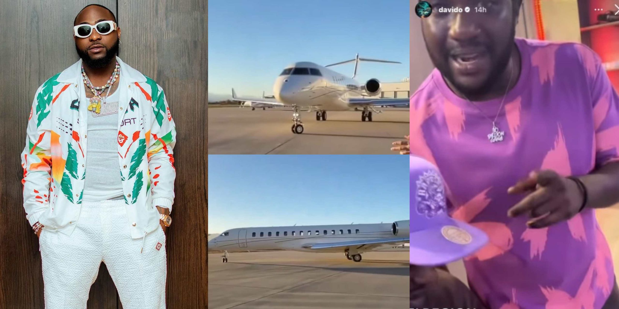 Singer Davido reacts as he spots his aides checking out his newly acquired private jet 