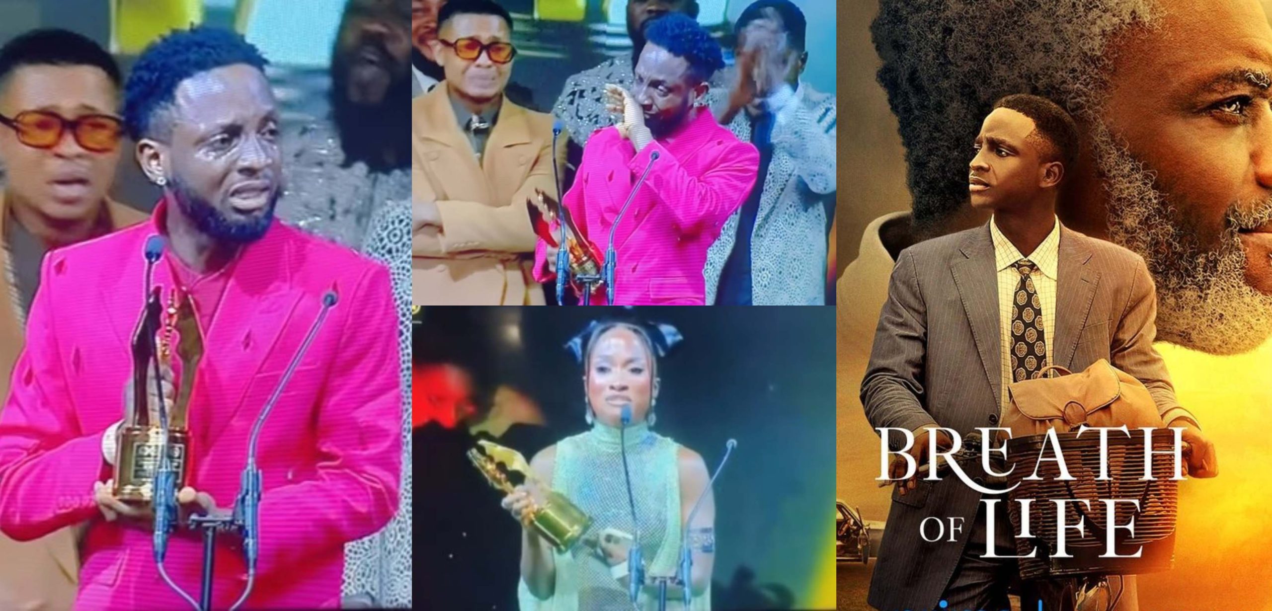 Emotional moment actress Genoveva Umeh and Chimezie Imo break into tears on stage after bagging their first awards at AMVCA (Video)