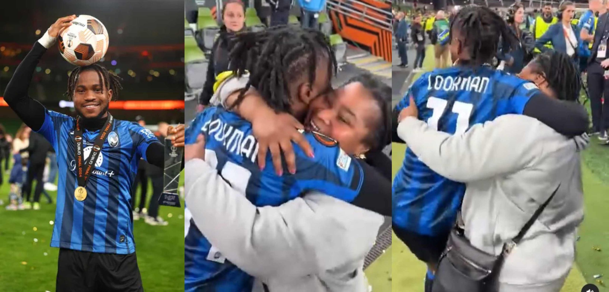 “Proud Mom, This is beautiful to watch” – Moment Nigerian player Ademola Lookman celebrates with mum after Europa League trophy (Video)